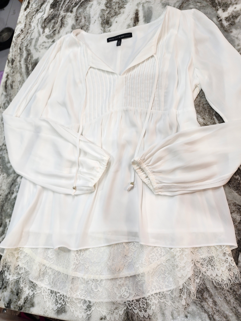 White House Black Market Ivory Lace-Trim Peasant Blouse